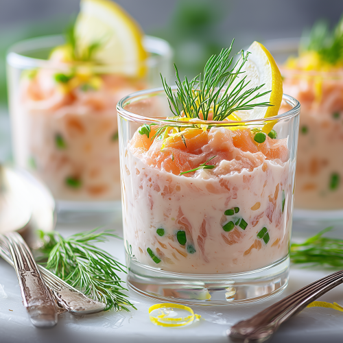 Mousse de saumon aux herbes dans des verrines avec une rondelle de citron