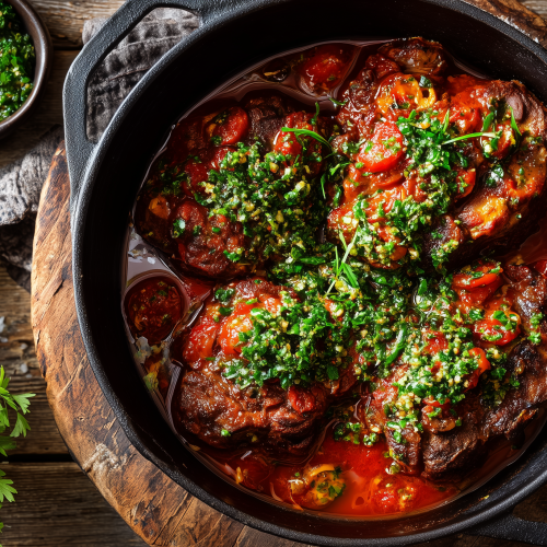 Osso bucco de veau dans une casserole en fonte avec de la sauce tomate et des herbes fraîches