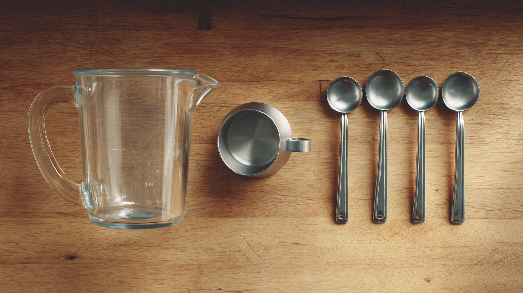 outils de mesure, bol mesureur, pot et cuillères de mesure sur un plan de travail en bois