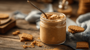 Pâte de Speculoos, pâte à tartiner 100% vegan, dans un pot en verre, avec une cuillère dans le pot, et des morceaux de biscuits autour