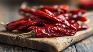Piments calabrais sur une planche en bois