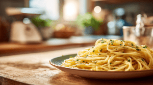 plat de spaghettis servi dans une assiette avec un peu d'herbes fraîches