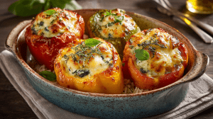 Poivrons farcis végétariens au fromage, quatre poivrons multicolores dans un plat à gratin avec une farce bien fromagée et des herbes fraîches
