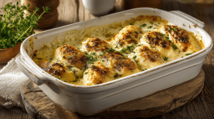 quenelles lyonnaises natures servie dans un plat sorti du four avec de la sauce béchamel