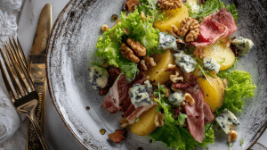 Salade auvergnate avec les pommes de terre, jambon cru et bleu d'Auvergne