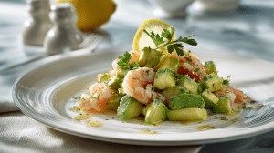 salade avocats crevettes dans une belle assiette blanche, avec une rondelle de citron