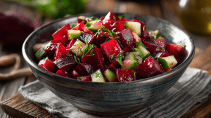 Salade de betteraves et de pommes servie dans un bol avec des herbes fraiches