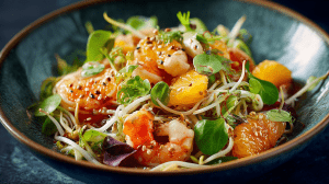 salade fraîche servie dans une assiette creuse, avec des morceaux d'orange et de pamplemousse, des crevettes, et des pousses de soja