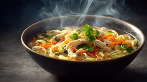 soupe chinoise à la poule fumante servie dans un bol avec des nouilles asiatiques