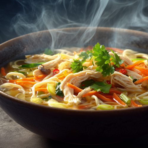 soupe chinoise à la poule fumante servie dans un bol avec des nouilles asiatiques