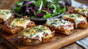 Tartines expresses au jambon et au fromage présentées sur un plateau en bois avec une salade