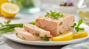 terrine de saumon diététique coupée en tranches avec du citron et des herbes
