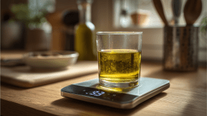 Verre d'huile sur une balance électronique indiquant 93, dans une cuisine moderne