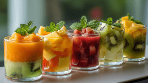 Verrines de fruits frais à la colombienne avec des fruits exotiques frais : kiwi, oranges, mangue, papaye, ananas...