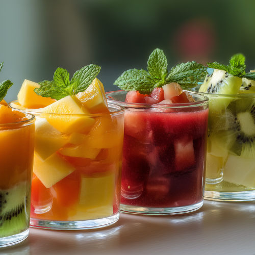 Verrines de fruits frais à la colombienne avec des fruits exotiques frais : kiwi, oranges, mangue, papaye, ananas...