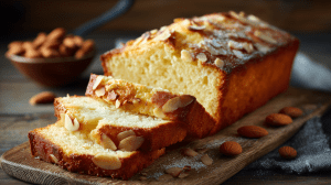 Cake aux amandes, avec des tranches coupées sur une planche en bois, bien doré.