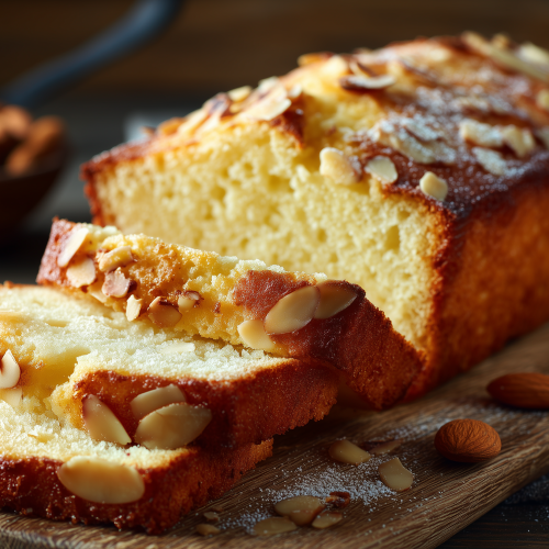 Cake aux amandes, avec des tranches coupées sur une planche en bois, bien doré.