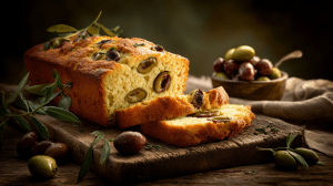 Cake aux olives avec une tranche coupée, sur une planche en bois