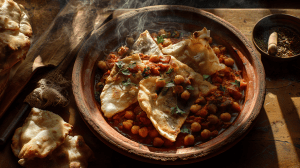 charchoura (ou chakhchoukha), plat traditionnel maghrébin à base de pois chiche et de viande d'agneau avec des galettes de semoule