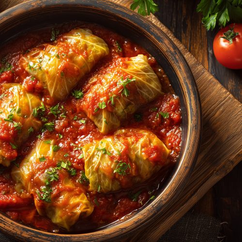 choux blancs farcis dans un plat en terre cuite avec de la sauce tomate et des herbes fraîches