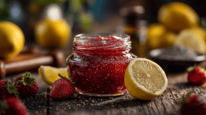 confiture de fraise au citron et au poivre, dans un bocal en verre, avec un demi citron et une fraise autour, ainsi que des grains de poivre, sur une planche en bois