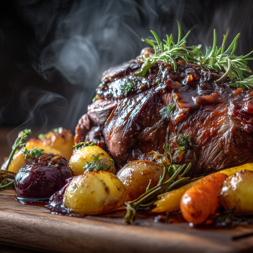 cuissot de chevreuil fumant, sur une planche avec des pommes de terre et des carottes, avec du romarin frais et de la sauce