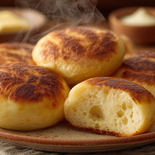 dampfnudle, pains au lait à la vapeur venus d'Allemagne, plus précisément de Bavière, sur une assiette rustique, encore fumants, un pain est ouvert pour voir la mie moelleuse.