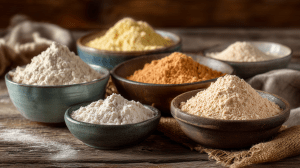 Farines sans gluten dans des bols, de différentes couleurs liées aux différentes alternatives à la farine de blé