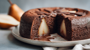fondant poire chocolat, gâteau au chocolat avec des morceaux de poire, sur une assiette blanche