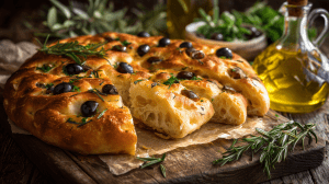 fougasse aux olives noires, bien aérée, sur une planche en bois, plat typique de la Provence