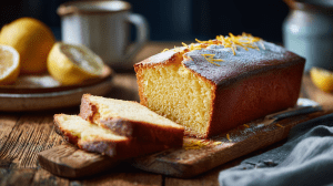 Gateau au citron façon grand-mère, cake au citron bien doré avec des zestes de citron, des tranches coupées pour montrer le moelleux du gâteau sur un planche en bois