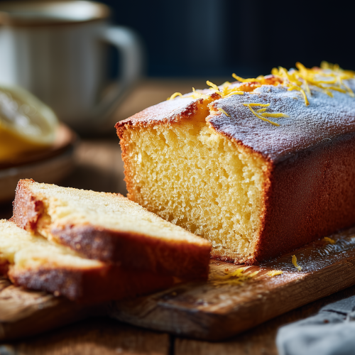 Gateau au citron façon grand-mère, cake au citron bien doré avec des zestes de citron, des tranches coupées pour montrer le moelleux du gâteau sur un planche en bois