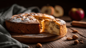 Gateau Hermann avec une part coupée, posé sur un planche en bois