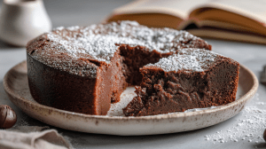Gâteau marron chocolat avec une part découpée, pour voir le coeur moelleux au chocolat et aux marrons