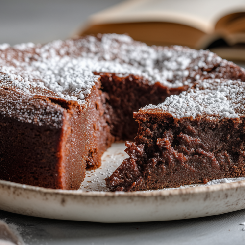 Gâteau marron chocolat avec une part découpée, pour voir le coeur moelleux au chocolat et aux marrons