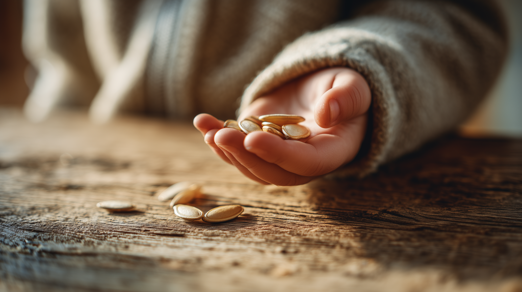 Main d'enfant qui tient des graines de courges au-dessus d'une table en bois rustique