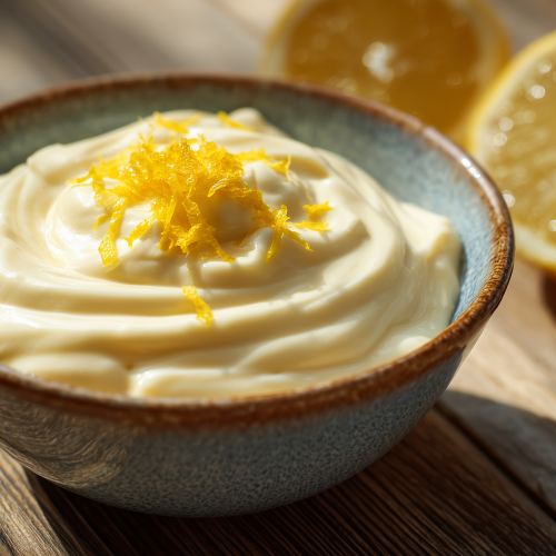 Mayonnaise au citron dans un bol, avec des zestes de citron par dessus.