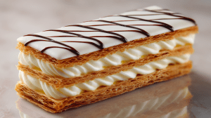 mille feuille traditionnel, pâtisserie française à base de pâte feuilletée et de crème, avec un glaçage au sucre et au chocolat noir