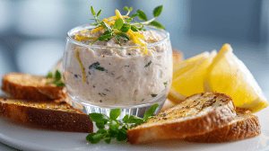 Mousse de thon dans une verrine, avec des jeunes pousses en décoration sur le dessus, servie accompagnée de tranches de pain toastées et de rondelles de citron