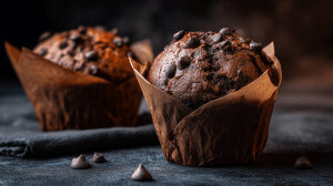 Deux muffins tout chocolat aux pépites de chocolat, avec un papier sulfurisé autour