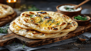 Naans maision, pain indien traditionnel sur une planche en bois.