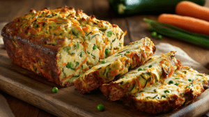 Pain de légumes, avec des tranches coupées qui laissent bien voir les petits pois, morceaux de carottes et de courgettes.