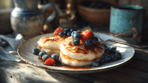 pancakes sans gluten dans une assiette avec des fruits rouges et du sirop d'érable coulant par-dessus