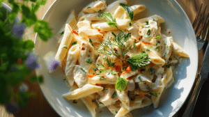 Pâtes au surimi dans une assiette creuse, avec de la crème et des herbes
