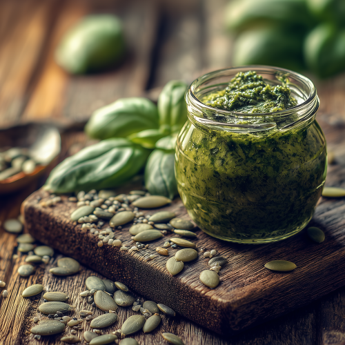 bocal contenant du pesto vert. sur une planche en bois avec des feuilles de basilic et des graines de courge