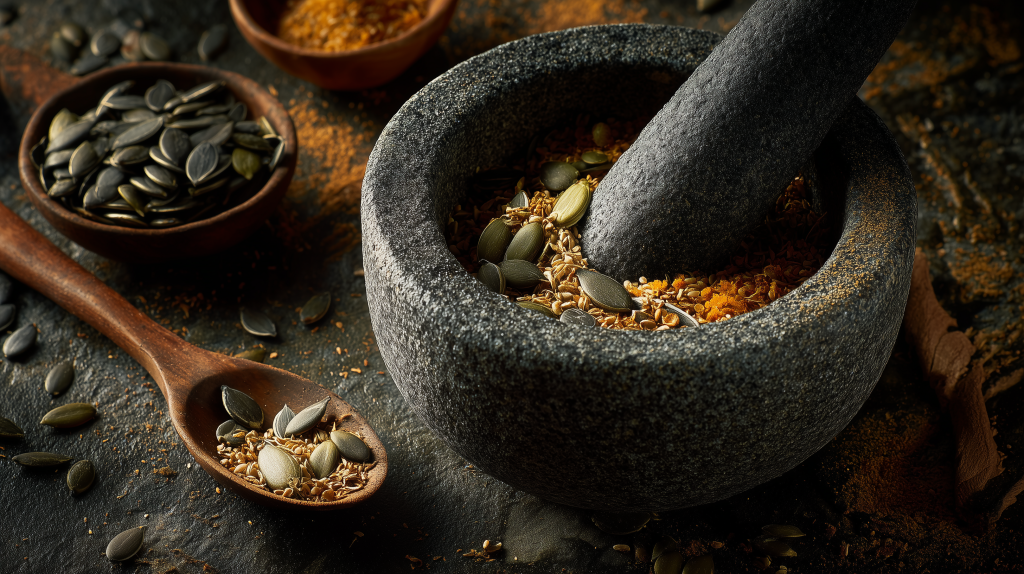 mortier et pilon avec des graines de courges, à coté une cuillère en bois contenant du concassé de graines de courges