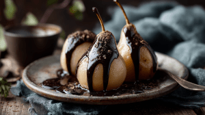 Poires au chocolat, poires pelées avec du chocolat fondu qui coule, sur une assiette rustique