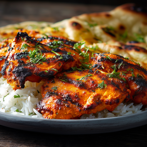 Poulet tandoori avec sa couleur orange spécifique, bien grillé, servi avec du riz basmati et des naans maison