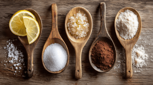cinq cuillères en bois avec des ingrédients représentant les quatre saveurs et l'umami (citron, sucre, sel, cacao et parmesan)
