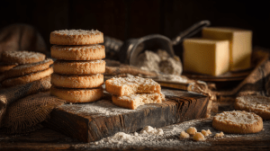 Sablés bretons sur une planche en bois, ambiance rustique de Bretagne avec du beurre salé visible en fond